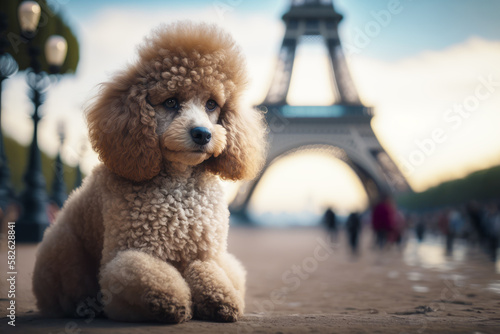 Poodle sits in front of the eiffel tower in paris, france. Generative AI.