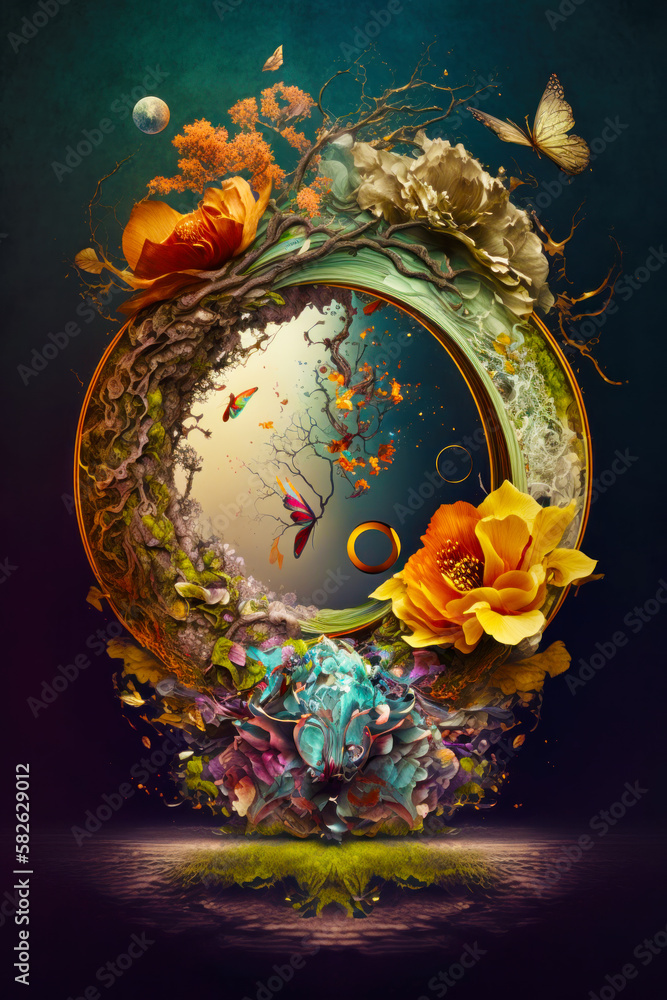 Image of circular object with flowers and butterflies on it's sides and blue sky in the background. Generative AI.