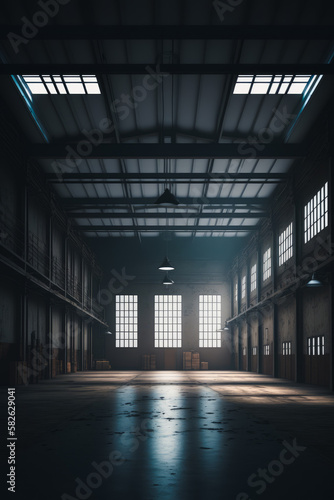 Empty warehouse with lot of windows and light coming in from the ceiling. Generative AI.