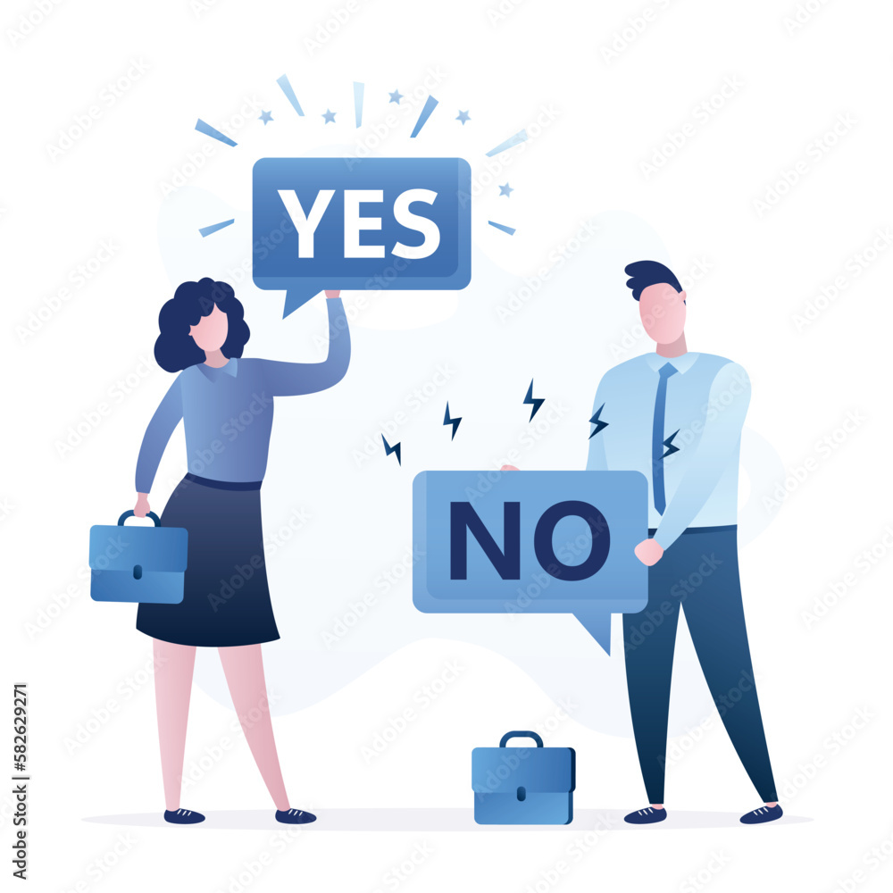 Businesspeople hold speech bubbles - yes and no. Businessman and businesswoman cannot agree, dead end in negotiations. Communication problems. Not making decision. Businesspeople hold speech bubbles - yes and no. Businessman and businesswoman cannot agree, dead end in negotiations. Communication problems. Not making decision.