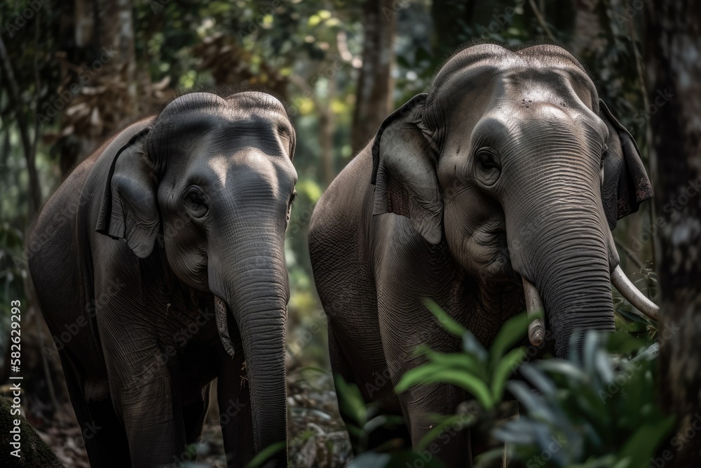 Elephants from Asia in the wild. Generative AI