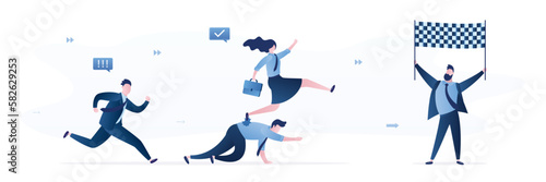 Rival competition, business winner and losers. Colleagues run to finish line, boss holds finish flag and wait for winner.