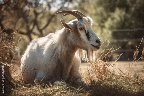 United States, California, goat eating grass. Generative AI