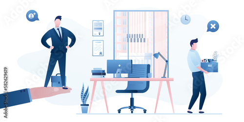 Employee turnover. Staff replacement. Modern workplace in office. Dismissed worker go away with things. Boss hand holds new male manager. Dismissal and employment process in company.