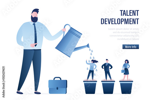 BIg boss or businessman uses watering can and pouring water on clerks or office workers standing in pots. Talent development. Mentorship, professional training. Business coaching for beginners