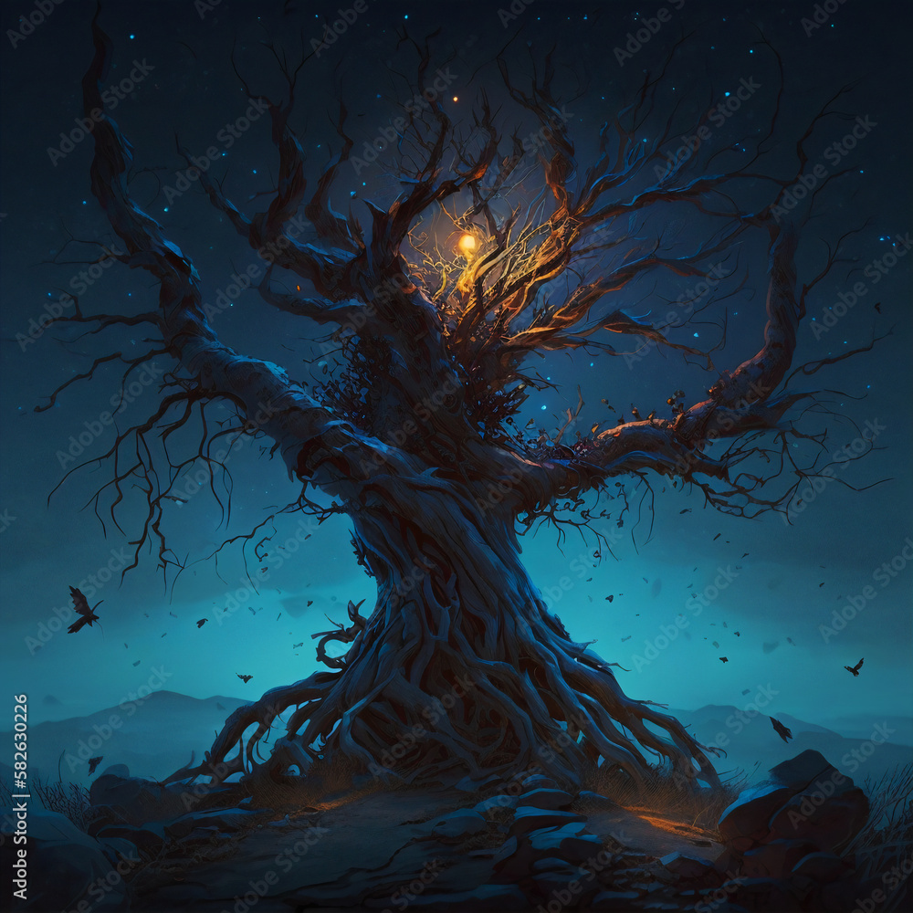 Obraz premium The Lamenting Tree: A Digital Painting of Sorrow and Resilience. Generative AI 