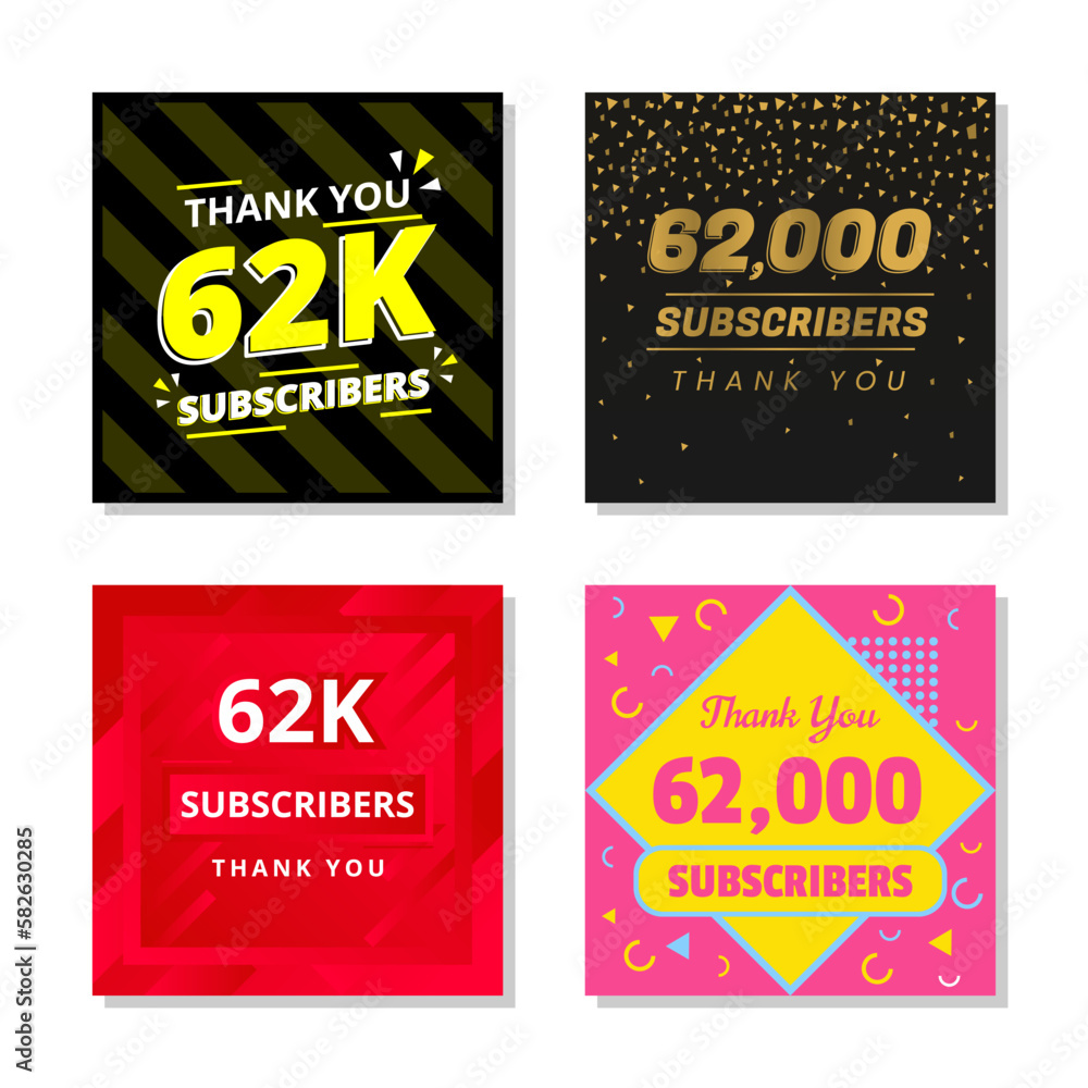 Thank you 62k subscribers set template vector. 62000 subscribers. 62k subscribers colorful design vector. thank you sixty two thousand subscribers