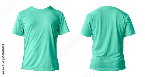 Blank green clean t-shirt mockup, isolated, front view. Empty tshirt model mock up. Clear fabric cloth for football or style outfit template.