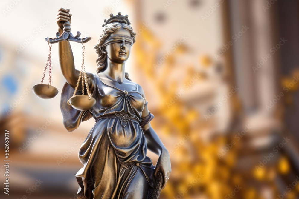 Statue of Justice holding scales on blur background. Law concept. Generative AI