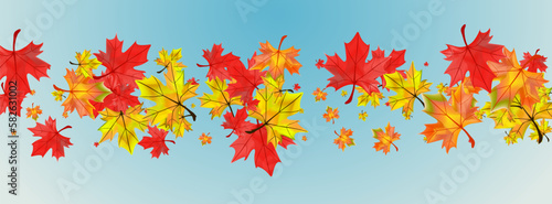 Red Foliage Background Blue Vector. Leaves Season Texture. Ocher Realistic Leaf. Celebrate Floral Card.