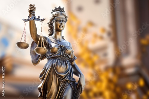 Statue of Justice holding scales on blur background. Law concept. Generative AI