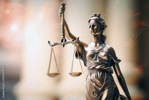 Statue of Justice holding scales on blur background. Law concept. Generative AI