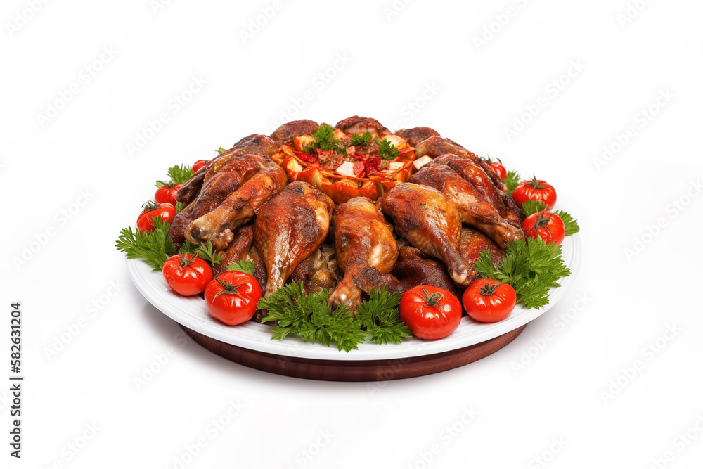 A plate of baked chicken wings in the asian style and tomatoes sauce, food photography isolated on white background. Created with Generative AI Technology