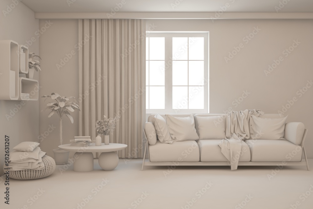 Grey interior desigh concept with furniture. 3D illustration