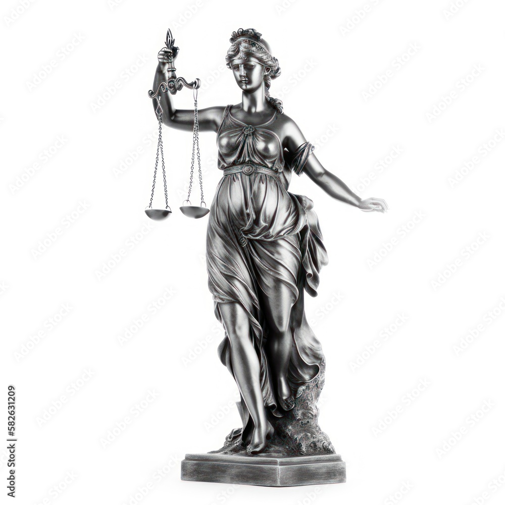 Statue of Justice isolated on white background. Law concept. Generative AI Statue of Justice isolated on white background. Law concept. Generative AI