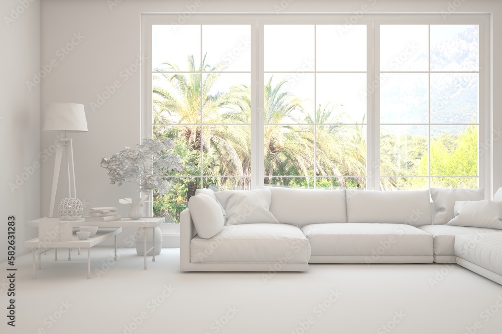 Fototapeta premium Grey living room concept with sofa and summer landscape in window. Scandinavian interior design. 3D illustration