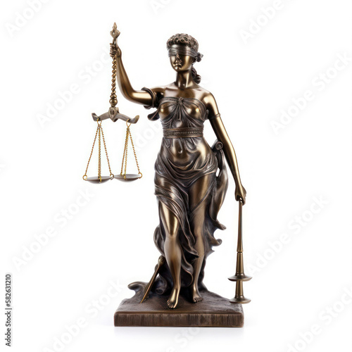 Lady Justice statue isolated on white background. Law concept. Generative AI