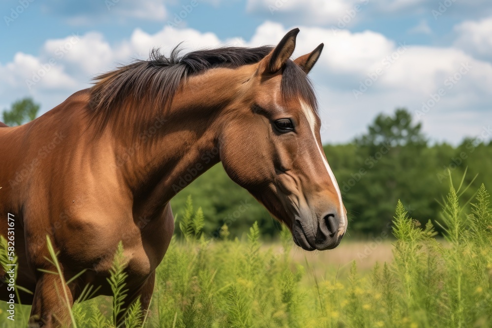 a brown juvenile horse eats in the wilderness. Generative AI a brown juvenile horse eats in the wilderness. Generative AI