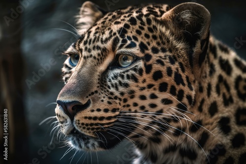 Leopard up close. selectively focused background with text copy. Generative AI