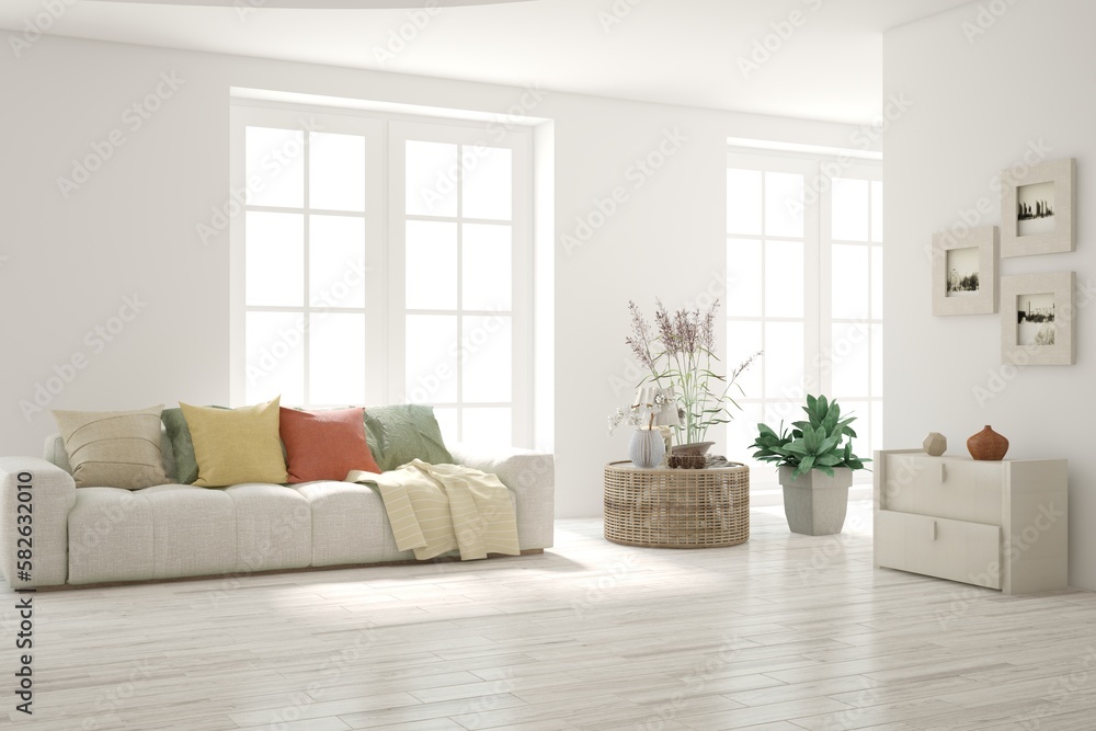 Naklejka premium White living room with sofa. Scandinavian interior design. 3D illustration