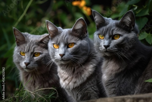 In the summer, there is an animal. Lovely grey kitty with yellow eyes. In the park, there's a cute tabby and a hairy cat. View from the top. Picture of three beautiful grey cats on a dark background w © AkuAku