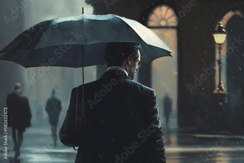 elegant man in expensive suit with black umbrella in rain old town street