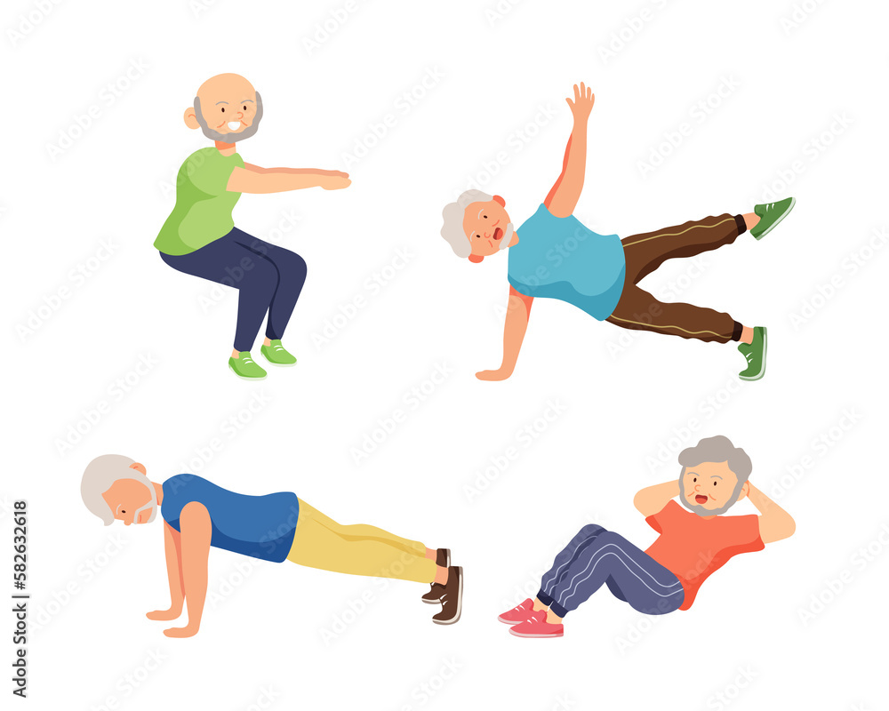 Old aged people doing exercise in cartoon character,