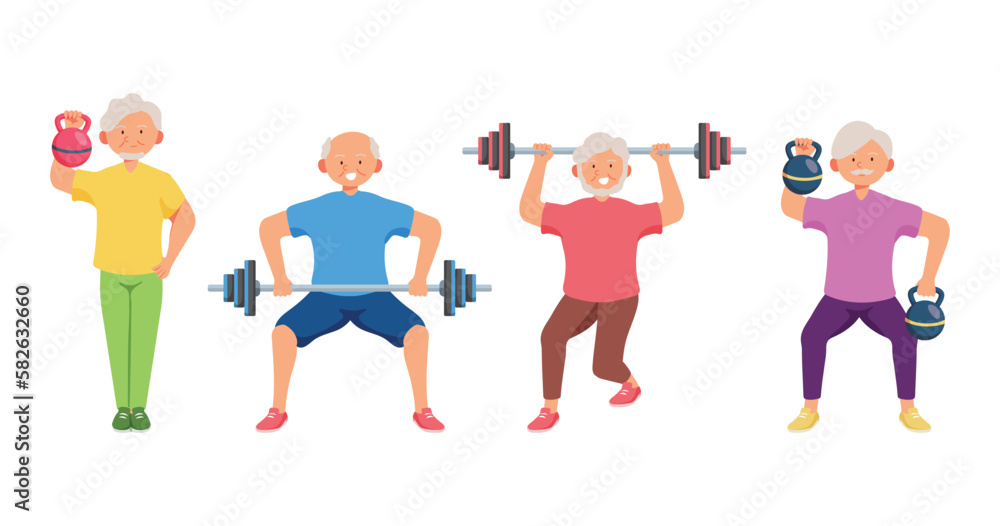 Old aged people doing exercise in cartoon character, Old aged people doing exercise in cartoon character,