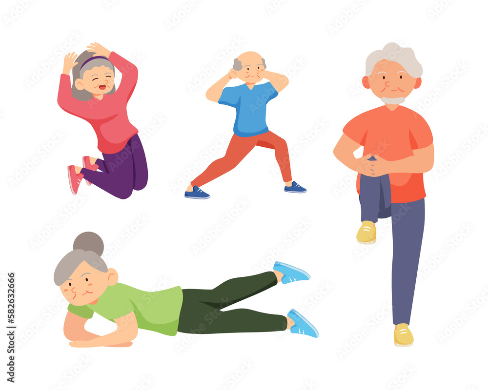 Old aged people doing exercise in cartoon character,