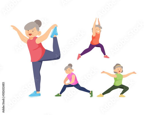Old aged people doing exercise in cartoon character, © Watcharin