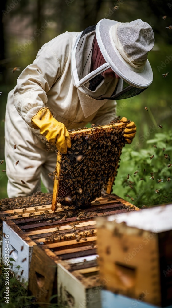 Beekeeper working with beehive, Gen AI Beekeeper working with beehive, Gen AI