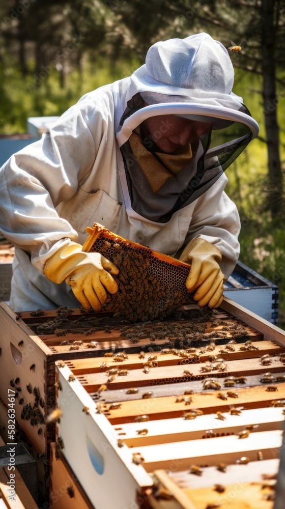 Beekeeper working with beehive, Gen AI Beekeeper working with beehive, Gen AI