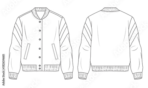 Women's Zip-up, Trimmed Bomber Jacket Set. Jacket technical fashion illustration. Flat apparel jacket template front and back,  Women's CAD mock-up.