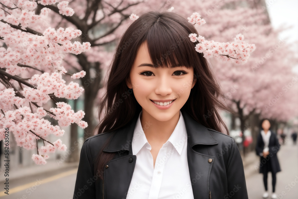Portrait of a beautiful woman on a background of city street and sakura blossoms. Generative AI.
