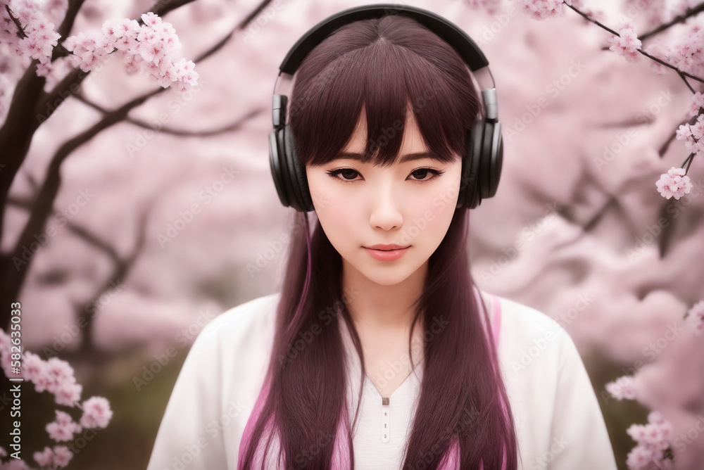 Portrait of a beautiful woman with headphones on a background of sakura blossoms. Generative AI. Portrait of a beautiful woman with headphones on a background of sakura blossoms. Generative AI.