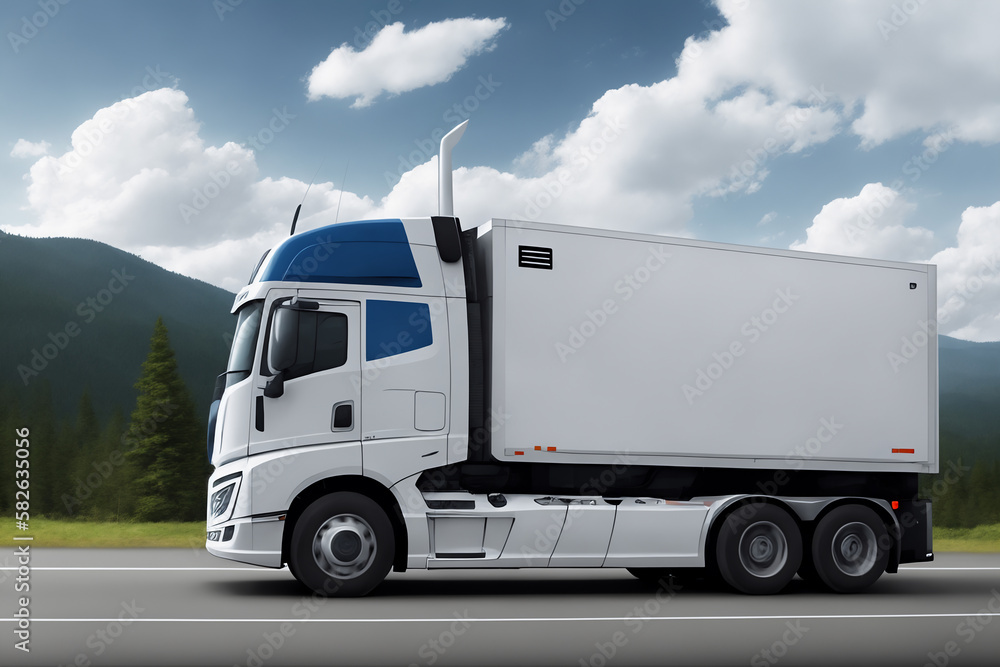 A white truck is driving on the road. Clean and empty space in the side view. Beautiful summer landscape as background, blue sky with clouds, forest and hill. Generative AI. A white truck is driving on the road. Clean and empty space in the side view. Beautiful summer landscape as background, blue sky with clouds, forest and hill. Generative AI.