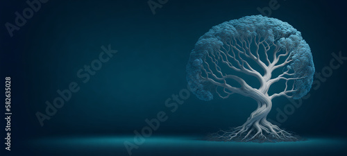tree in the shape of the human brain on a blue background, creative concept, copy space, generative ai