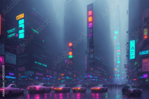 Rainy night street in futuristic city  skyscrapers  cars and random people  foggy. Generative AI.