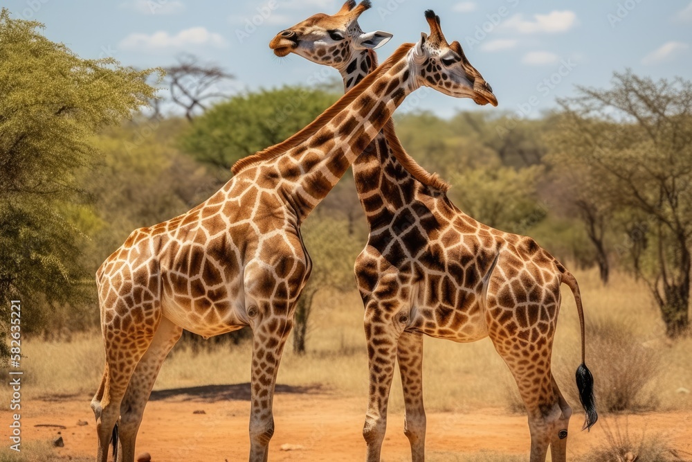 Fototapeta premium The largest ruminant and tallest of all extant land dwelling animal species is the giraffe (Giraffa camelopardalis), an African even toed ungulate mammal. Generative AI