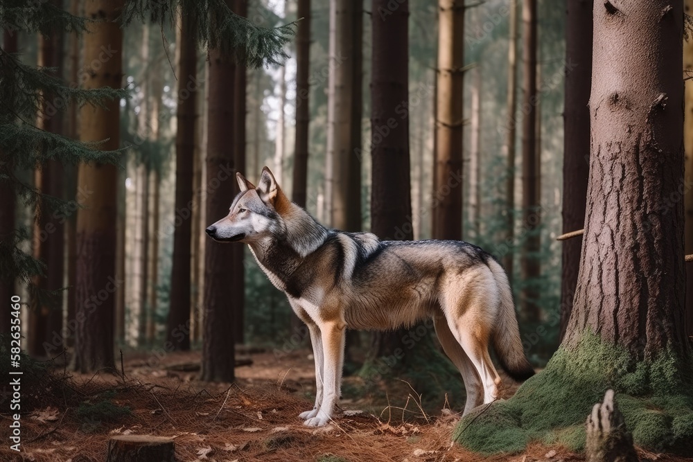 Obraz premium In the forest, there is a gray wolf. Generative AI