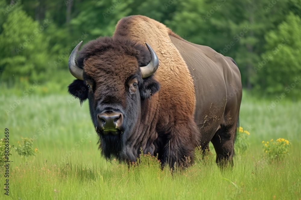Detailed shot of an adult male buffalo. He is positioned in a field on a lovely summer day. Generative AI Detailed shot of an adult male buffalo. He is positioned in a field on a lovely summer day. Generative AI
