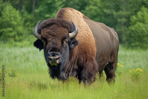 Detailed shot of an adult male buffalo. He is positioned in a field on a lovely summer day. Generative AI photo
