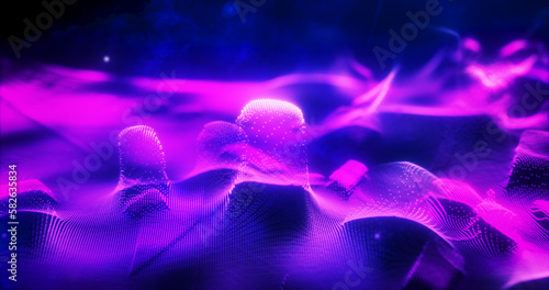 Abstract purple futuristic landscape of particles and dots of energetic magic with glow and blur effect, abstract background © Bolbik