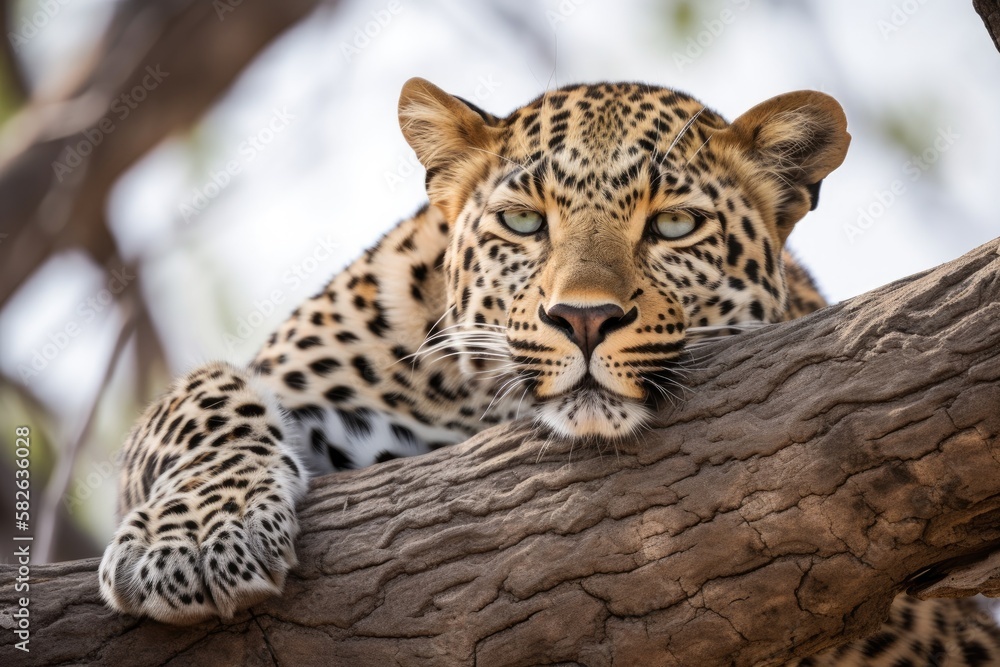 Fototapeta premium Resting leopard in a tree. Generative AI