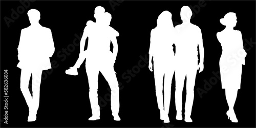 Set of silhouettes of men and a women, a group of standing  people white color isolated on black background