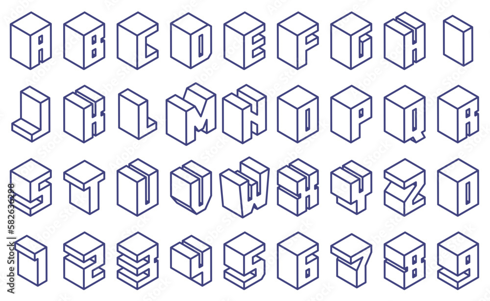Set of isometric cube stylized fonts 