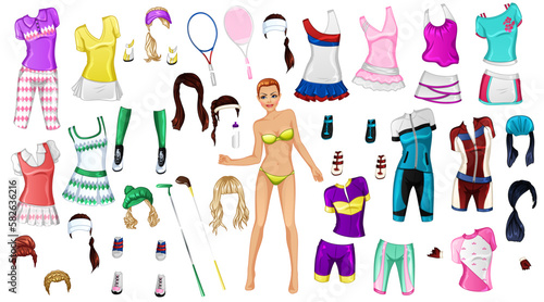 Cute Cartoon Sports Paper Doll with Golf, Tennis and Cycling Outfits, Hairstyles and Accessories. Vector Illustration