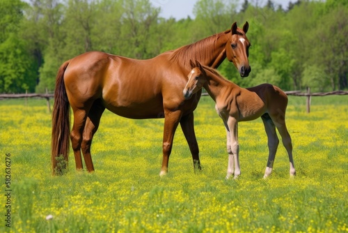 mare and foal in a spring pasture. Generative AI © AkuAku