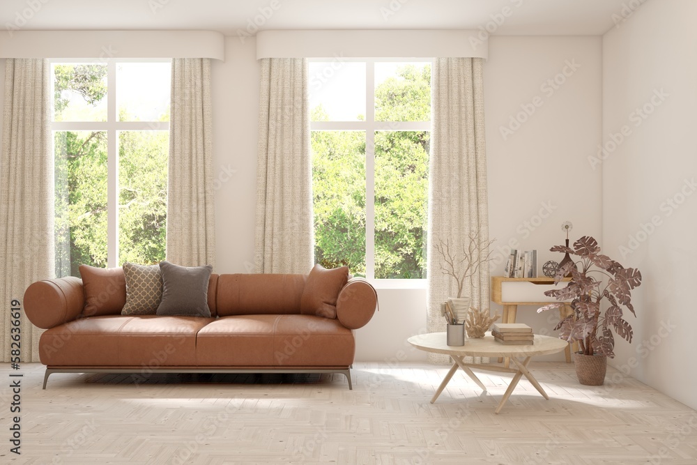 Fototapeta premium White living room with sofa and summer landscape in window. Scandinavian interior design. 3D illustration