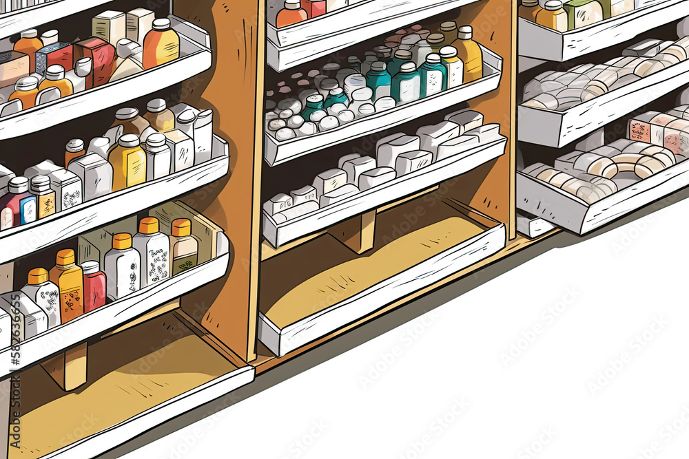 Shelves of medicines, medical health products, cropped image, pharmacy retail store concept ideas. AI generative image.